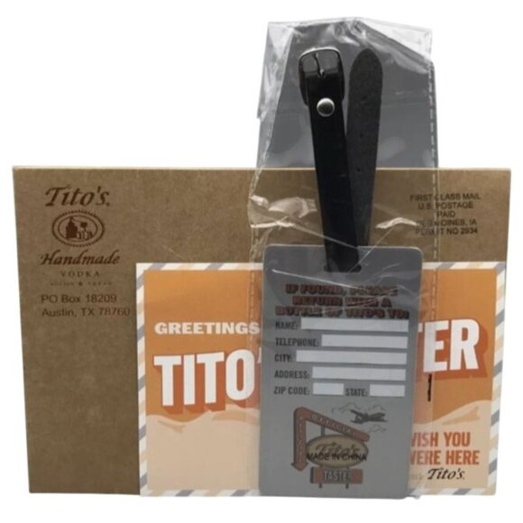 Tito's Vodka Luggage Tag Metal and Leather 2023 Holiday Promo Complete Package - Picture 2 of 2
